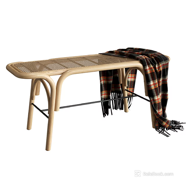 Light Wooden Footstool With Curved Frame Wicker Top And Draped Plaid Blanket 3d model 