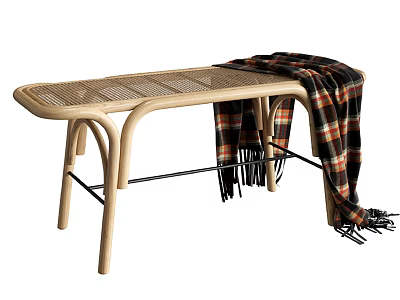 Light Wooden Footstool With Curved Frame Wicker Top And Draped Plaid Blanket 3d model