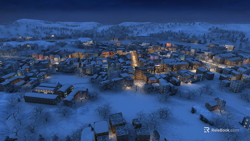 Aerial Night View Of Snowy Town With Illuminated Houses And Winter Landscape 3d model 