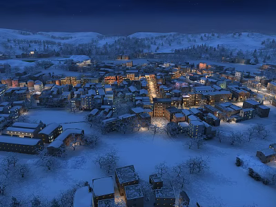 Aerial Night View Of Snowy Town With Illuminated Houses And Winter Landscape 3d model
