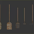 Rusty Long Handled Garden Tools Including Shovels Forks And Rakes Arranged On Dark Background