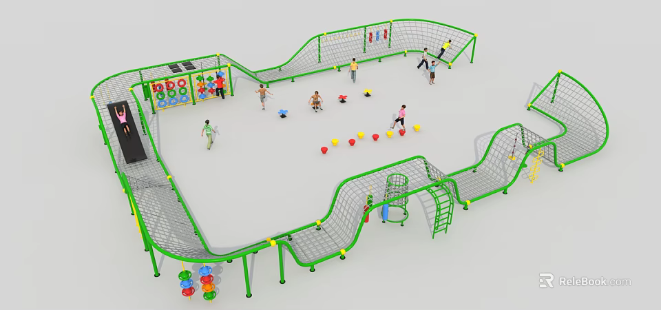 Outdoor Playground Equipment With Green Climbing Nets And Kids Playing Areas 3d model 