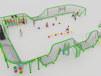 Outdoor Playground Equipment With Green Climbing Nets And Kids Playing Areas 3d model