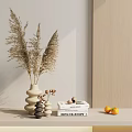 Decorative Ornament Set with Dried Pampas Grass Beige Spiral Vase Black Ornaments Box Yellow Lemons