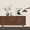 Modern Wooden Entryway Sideboard With Herringbone Pattern Vase Dried Branches Rabbit Artwork and Floor Lamp