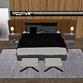 Modern Background Double Bed with Wooden Wall Headboard Bedside Tables Table Lamps and Rug Stools