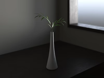 Minimalist White Vase With Green Leaves On Dark Wooden Table Near Window Light 3d model
