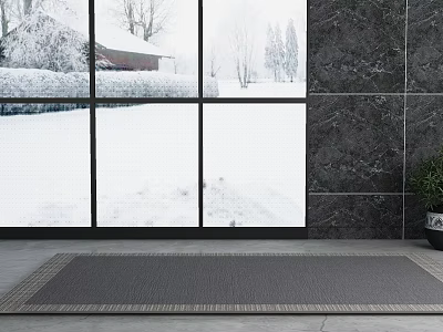 Gray Square Rug on Floor Near Dark Walls and Large Windows With Snowy View 3d model