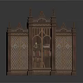 Ornate Carved Bookcase With Gothic Spires Glass Doors And Books Inside
