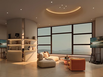Warm Modern Office Lounge Space With Large Seaview Window And Cozy Stylish Comfortable Furnishings 3d model