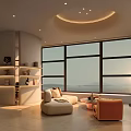 Warm Modern Office Lounge Space With Large Seaview Window And Cozy Stylish Comfortable Furnishings