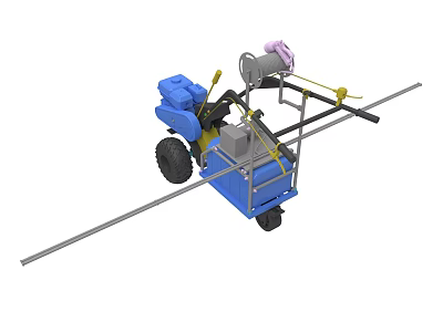 Blue Wheeled Agricultural Sprayer With Long Pole Yellow Components And Pink Engine 3d model