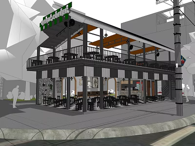 Modern Cafe Exterior With Two Story Building Outdoor Balcony Seating And Street Side Tables 3d model