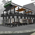 Modern Cafe Exterior With Two Story Building Outdoor Balcony Seating And Street Side Tables