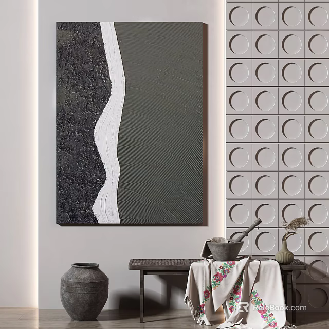 Abstract Black White Wavy Painting With Circular Pattern Wall And Decorative Elements 3d model