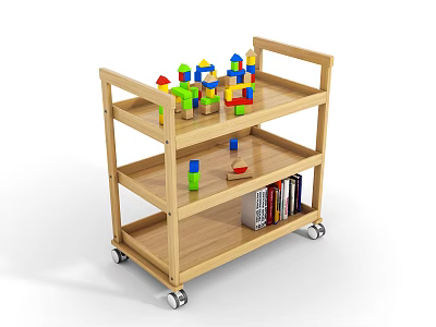 Art Studio Wooden Three Tier Cart With Colorful Building Blocks And Books On Wheels 3d model