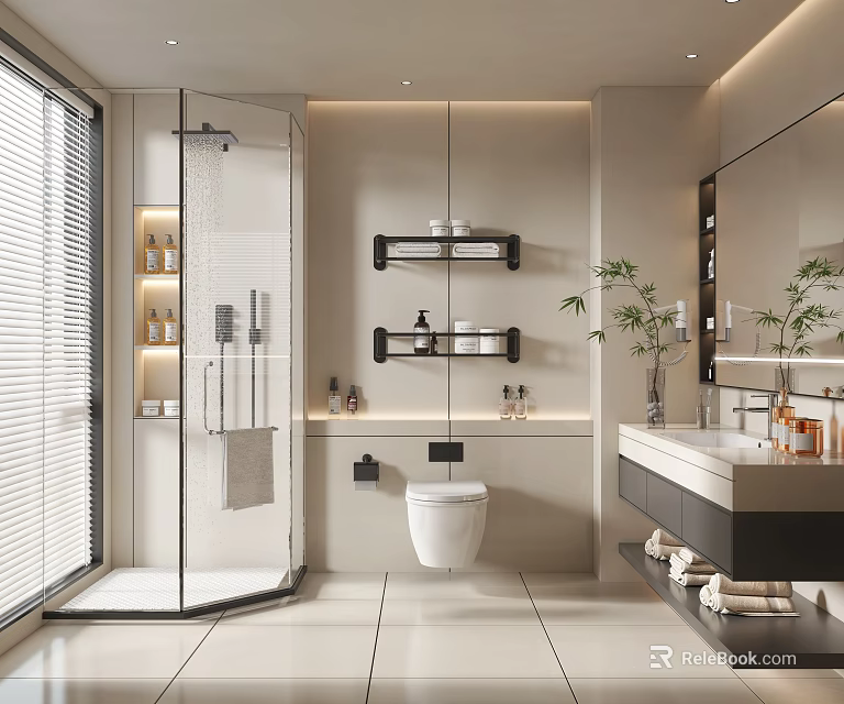 Modern Bathroom Interior With Glass Shower White Toilet Black Shelves And Vanity 3d model 