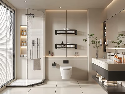 Modern Bathroom Interior With Glass Shower White Toilet Black Shelves And Vanity 3d model