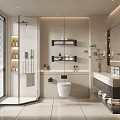 Modern Bathroom Interior With Glass Shower White Toilet Black Shelves And Vanity