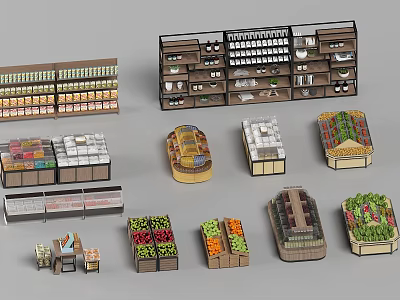 Various Types of Retail Display Shelves for Fruits Vegetables and Grocery Items 3d model