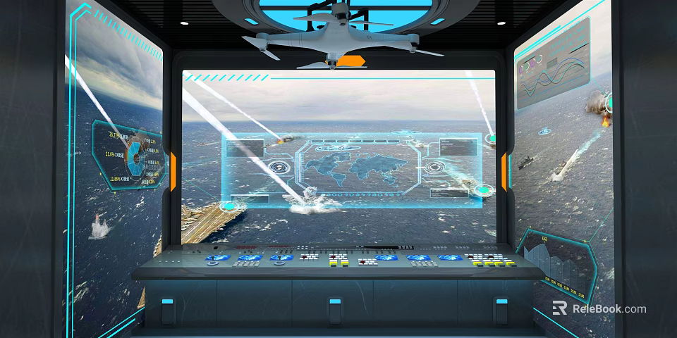Futuristic High Tech Control Room With Large Screen World Map Ships Aircraft And Control Panel 3d model