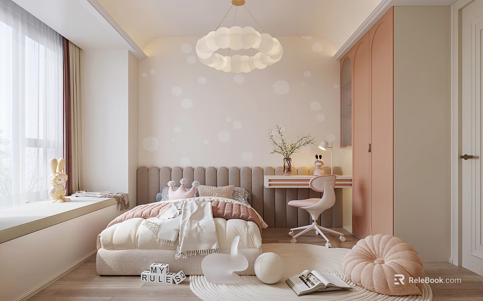 Pink Kids Room Interior With Cloud Chandelier Bed Desk And Soft Decorations 3d model 