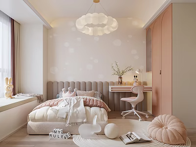 Pink Kids Room Interior With Cloud Chandelier Bed Desk And Soft Decorations 3d model