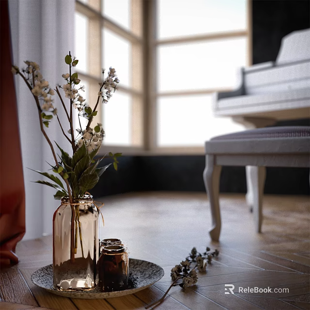 Elegant Decorative Ornament Set With Glass Vase White Flowers Greenery And Metallic Container On Tray 3d model 