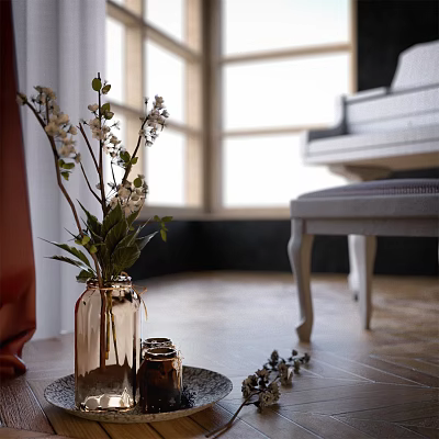 Elegant Decorative Ornament Set With Glass Vase White Flowers Greenery And Metallic Container On Tray 3d model