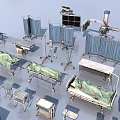 Diverse Medical Equipment Assortment Featuring Surgical Tables Instrument Stands And Trays
