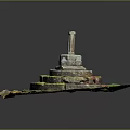 Stone Circular Tiered Structure With Square Base And Top Cylinder On Green Moss Covered Surface