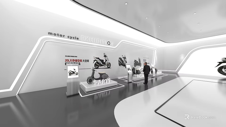 Modern Motorcycle Exhibition Hall Featuring Displayed Bikes And Visitor 3d model 
