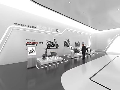 Modern Motorcycle Exhibition Hall Featuring Displayed Bikes And Visitor 3d model