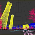 Urban Night Landscape With Illuminated Skyscrapers Green Trees And Open Square