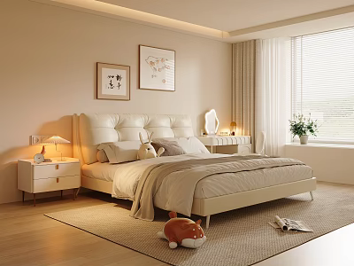 Beige Bedroom Interior Design With Upholstered Headboard Bedside Lamps Decorative Artworks Rug And Green Plant 3d model