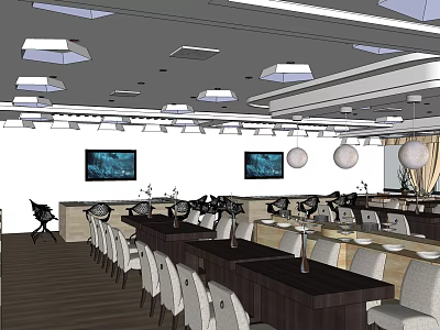 Modern Restaurant Interior With Tables Chairs Pendant Lights And TV Screens 3d model