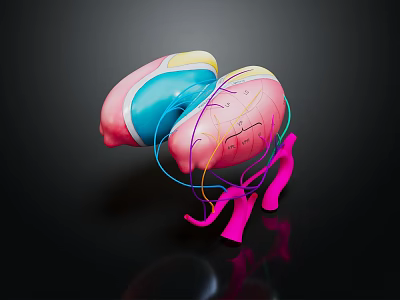 3D Rendered Human Brain Model With Colored Regions And Colorful Connecting Lines On Black Background 3d model