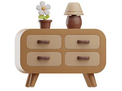 Brown And Beige Four Drawer Nightstand With White Flower Potted Plant And Beige Lampshade Lamp 3d model