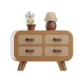 Brown And Beige Four Drawer Nightstand With White Flower Potted Plant And Beige Lampshade Lamp