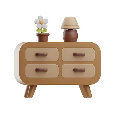Brown And Beige Four Drawer Nightstand With White Flower Potted Plant And Beige Lampshade Lamp 3d model