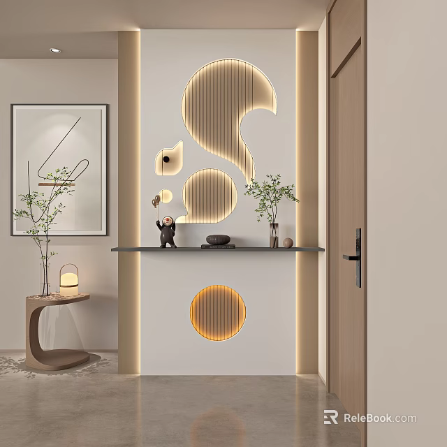 Modern Entryway Hallway Interior Design With Geometric Wooden Lighting Shelf And Green Plants 3d model 