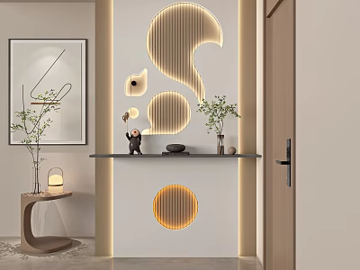 Modern Entryway Hallway Interior Design With Geometric Wooden Lighting Shelf And Green Plants 3d model