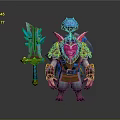 Colorful Fantasy Armored Character With Blue Feather Helmet Red Face And Sword