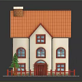 Small House with Orange Roof Chimney White Walls Red Door Red Fence and Green Tree
