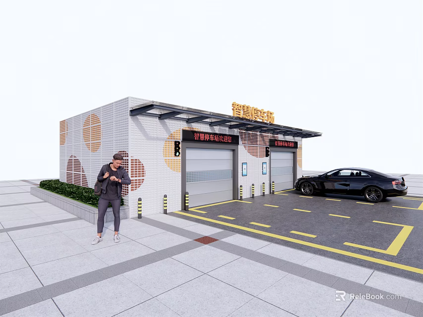 Smart Car Wash Building Exterior Design With White Wall Yellow Patterns And Black Car Parking 3d model 