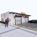 Smart Car Wash Building Exterior Design With White Wall Yellow Patterns And Black Car Parking