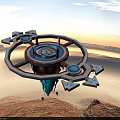 Advanced Floating Circular Sci-Fi Structure With Blue Elements Over Desert Mountains