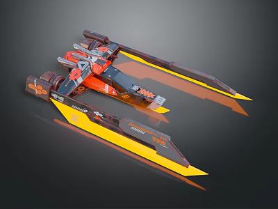 Futuristic Scifi Metallic Mechanical Device Featuring Orange Black Frame And Yellow Aerodynamic Blades 3d model