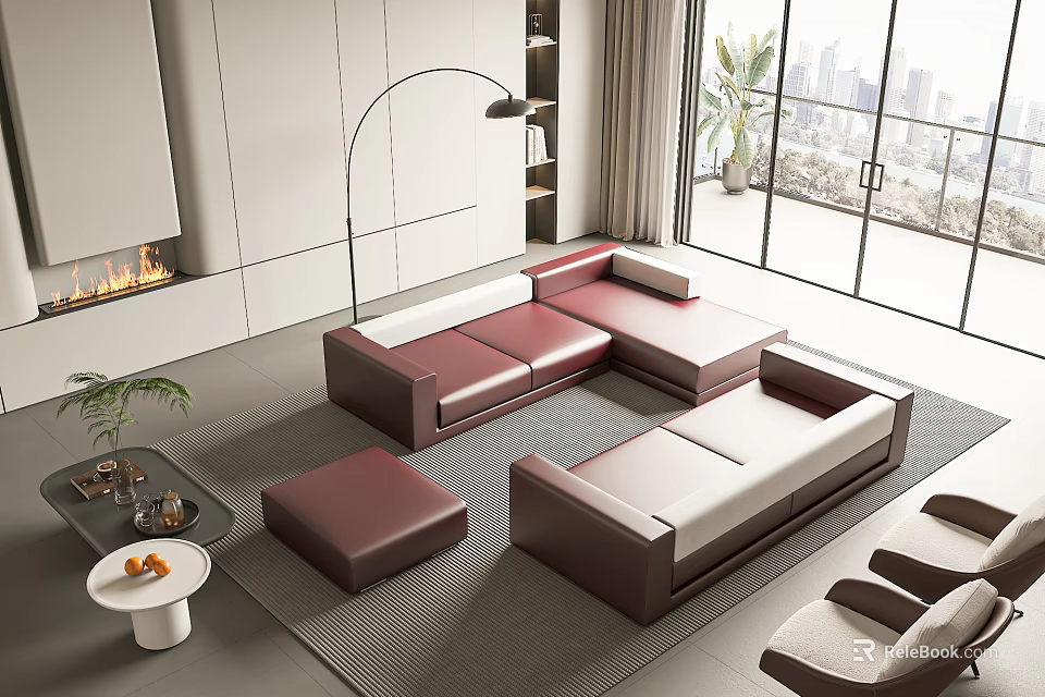 Modern Sectional Sofa and Coffee Table Set with Ottoman Fireplace City View and Large Windows 3d model 