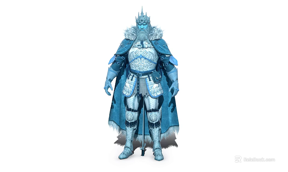 Ice Themed Majestic Game Movie Character In Blue Armor With Fur Cloak And Crown 3d model 